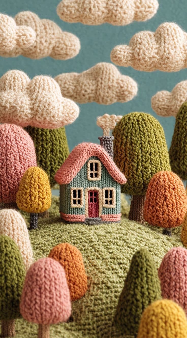 A miniature crocheted village of houses, trees and clouds